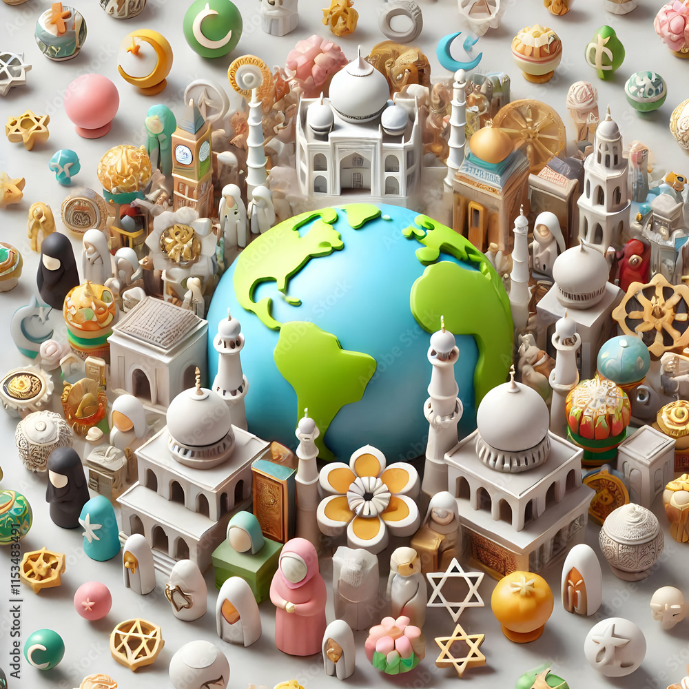 Aufkleber 3d macro unity in worship concept as macro close up of unified worship elements from different relig