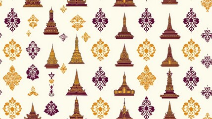 Seamless Pattern Asian Temples Gold Maroon Damask Ornament Background