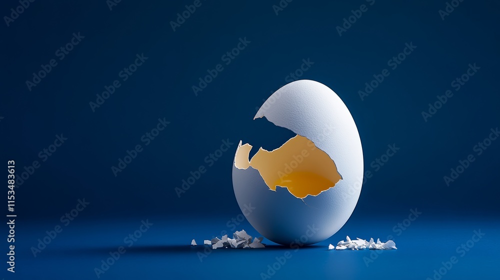 Poster cracked eggshell sits on a blue surface. the eggshell is broken in half, revealing the egg inside. c