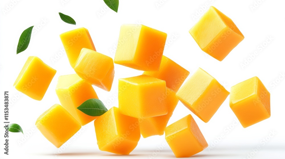 Poster close up of a pile of yellow cubes with green leaves on top. the cubes are arranged in a way that th