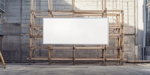 Empty white banner mockup displayed on wooden scaffolds in an urban setting. This construction site features a blank advertising billboard ready for promotional use. Ideal for showcasing banner