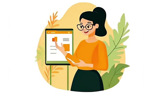 Video loop of a woman wearing glasses pointing at data on the board