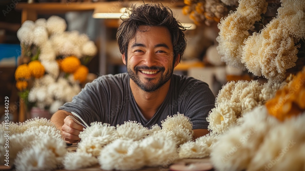 Poster smiling man with a beard is surrounded by various white and orange coral-like objects, possibly in a