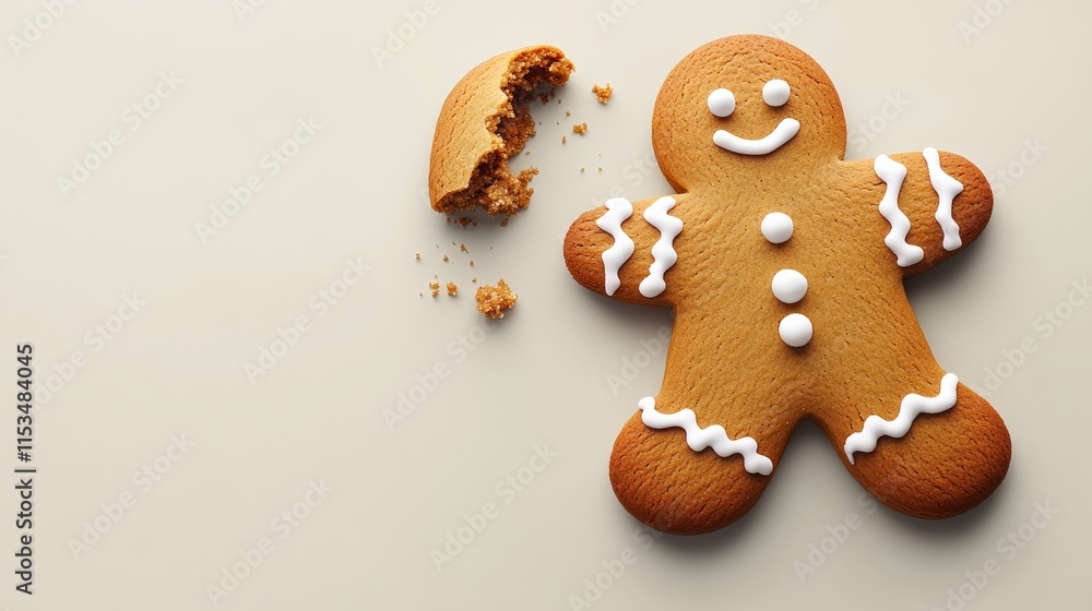 Poster gingerbread man cookie with a bite taken out of it. the cookie is smiling and has a white icing on i