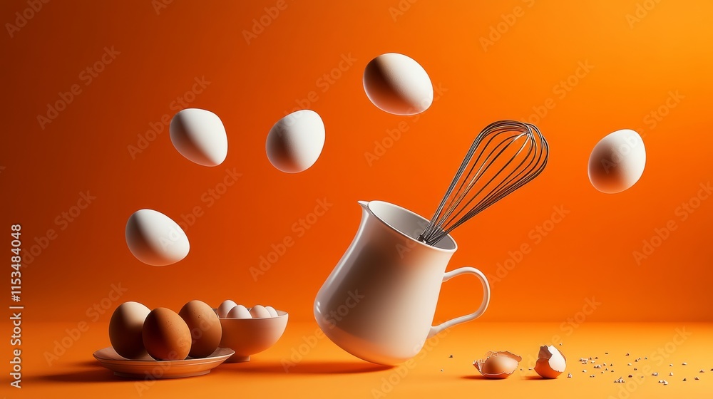 Poster close up of a white mixing bowl with eggs and a whisk. the bowl is filled with eggs and the whisk is