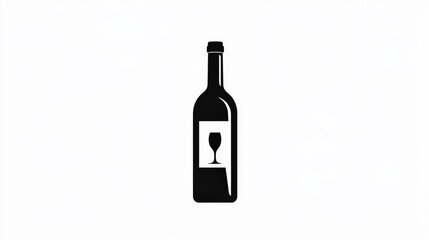 Black Silhouette of Wine Bottle with Glass Design on White Background