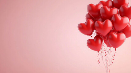 cluster of heart shaped red balloons floating against soft pink background