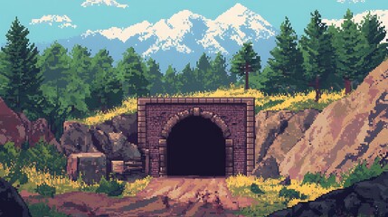 Fototapeta premium Pixel Art Illustration: Majestic Mountain Tunnel Entrance, Digitally Painted in a Vibrant Retro Style. AI Generated