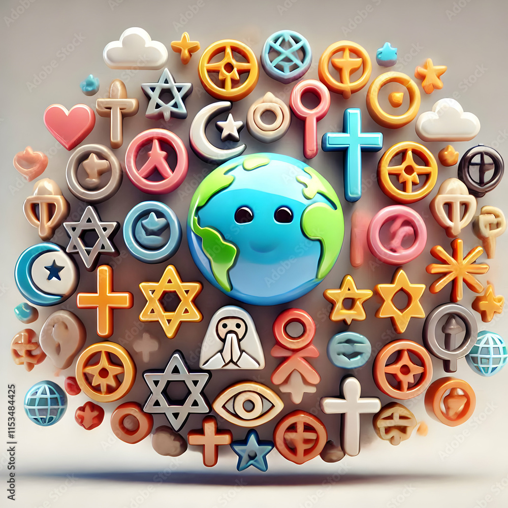 Aufkleber 3d glossy interfaith symbols overlay concept as glossy overlay of interfaith symbols on a plain back