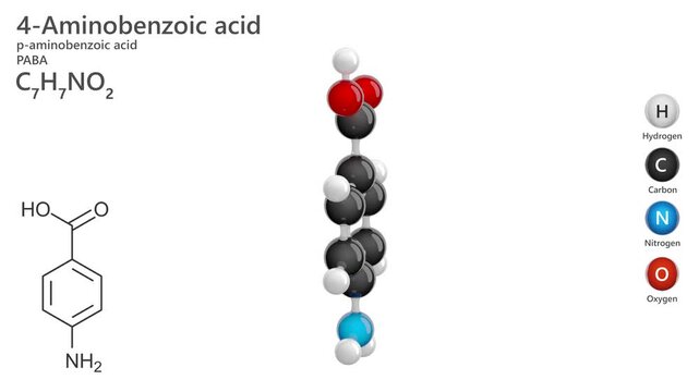 Aminobenzoic Acid or PABA. Vitamin B10. Animated 3D model of a molecule. Molecular formula: C7H7NO2. Chemical model: Ball and stick. White background. 3D rendering. Seamless loop.
