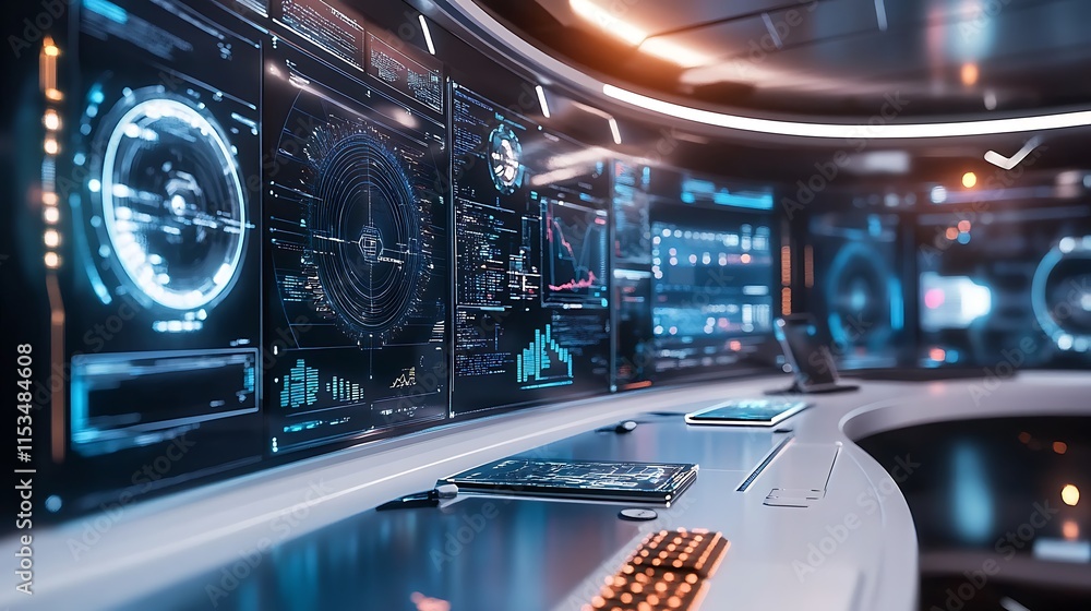 Poster futuristic control room with numerous screens displaying digital data interfaces for modern future a