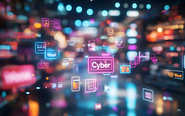 Cyber Week Dynamic Background with Floating Shopping Icons and Discounts , Generative-AI