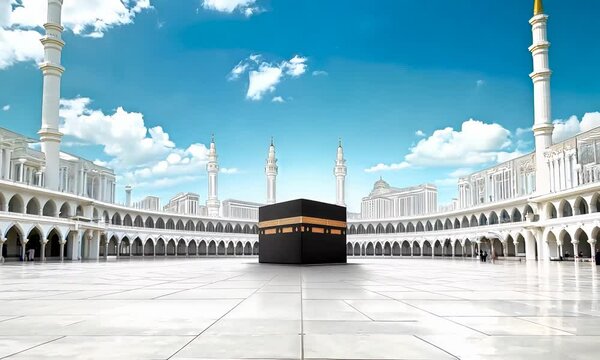 A panoramic view of the Kaaba in Mecca, surrounded by white marble architecture and minarets under a bright blue sky with fluffy clouds.