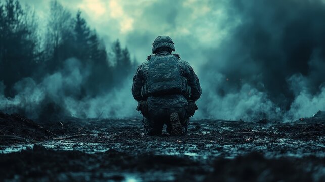 Soldier in camouflage gear kneels amidst a smoky, wooded battlefield under a cloudy sky, creating a tense atmosphere