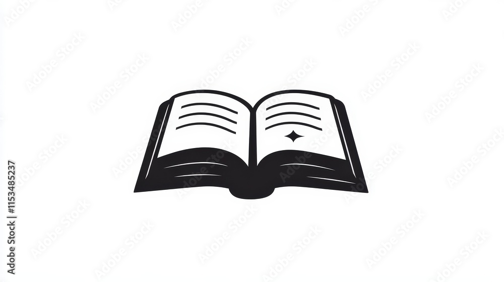 Poster open book icon with pages and sparkle element in black and white