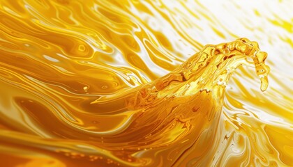 Golden, flowing liquid; warm color palette; dynamic composition with a wave-like subject; evokes feelings of richness, fluidity, and possibly luxury or abundance.
