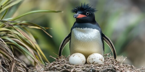 A rock hopper penguin stands proudly over its two eggs during the parent rotation, showcasing the nurturing behavior of rock hopper penguins in their natural habitat.