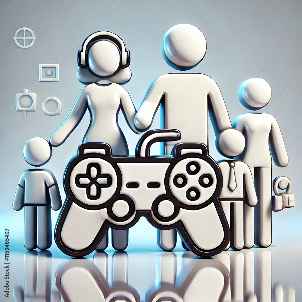 Aufkleber 3d glossy background of a game controller with family figures ample copy space. concept as a station