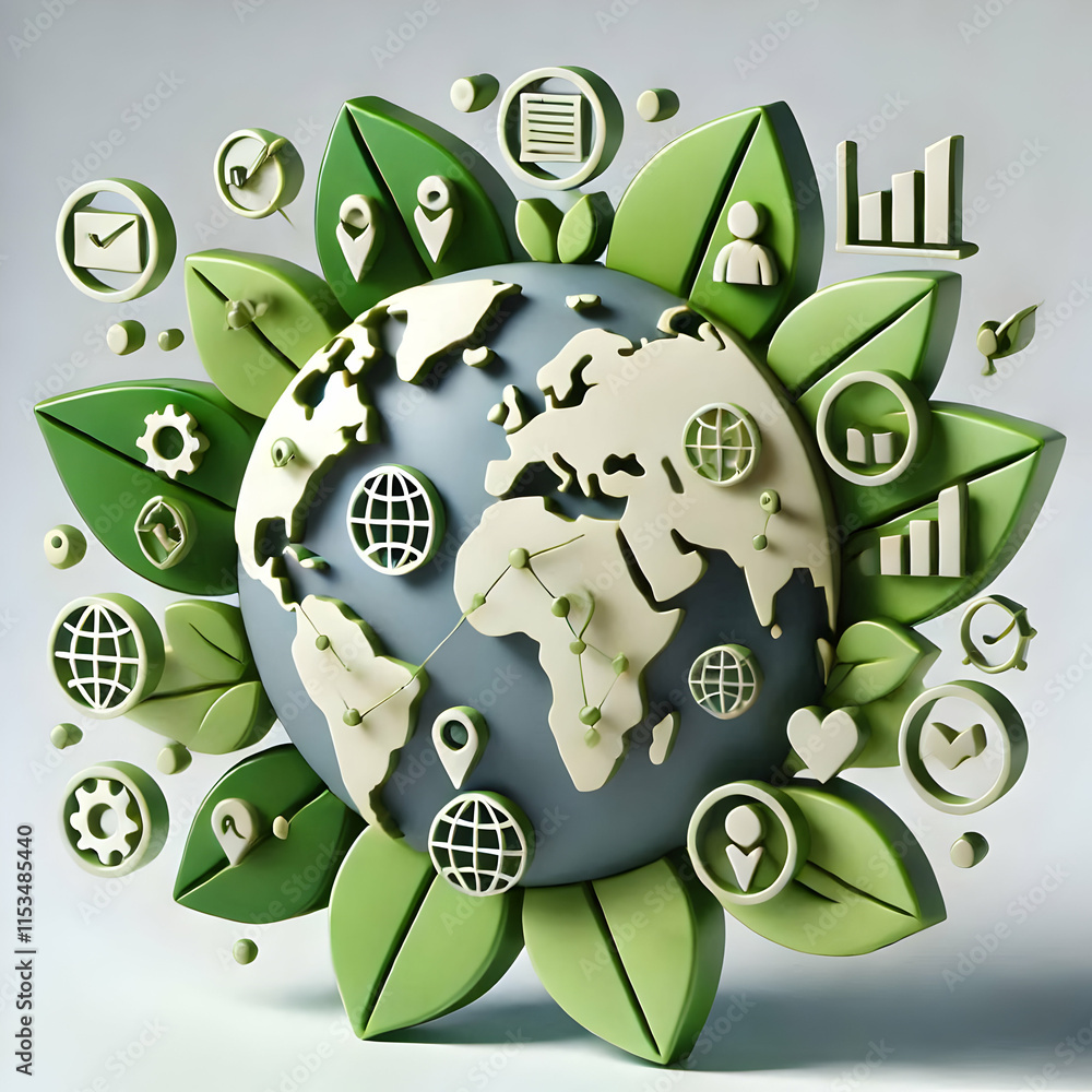 Poster 3d leaves forming a world map with business icons overlay concept as soft abstract art of leaves sha
