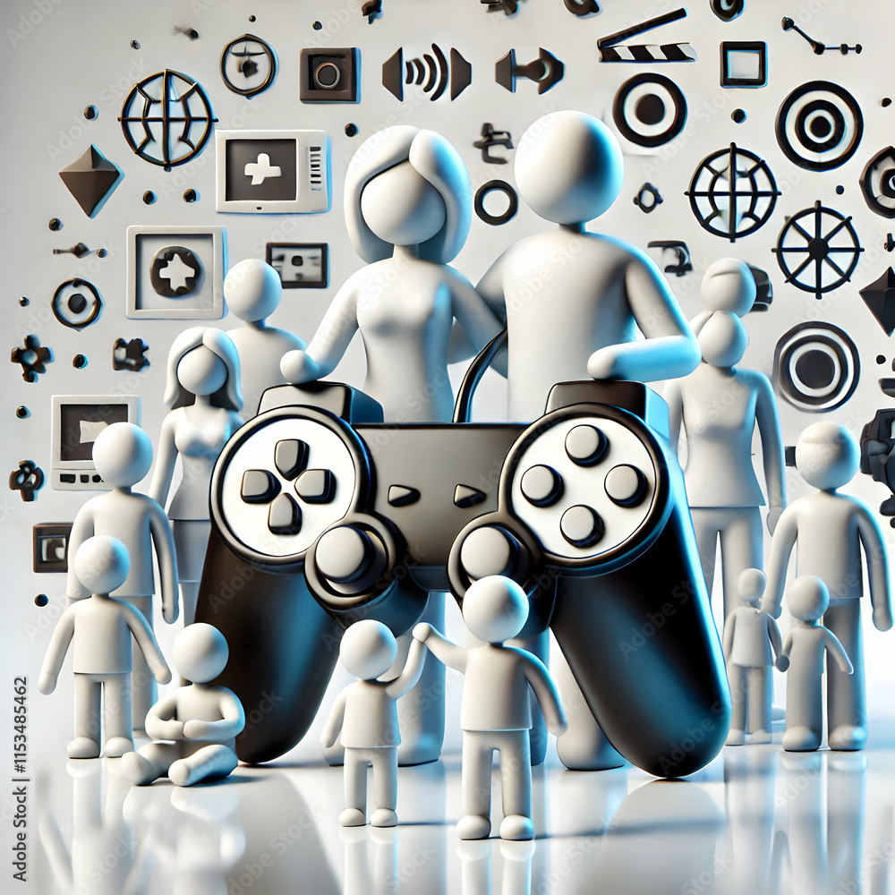 Poster 3d glossy game controller with family figures ample copy space for entertainment technology and fami