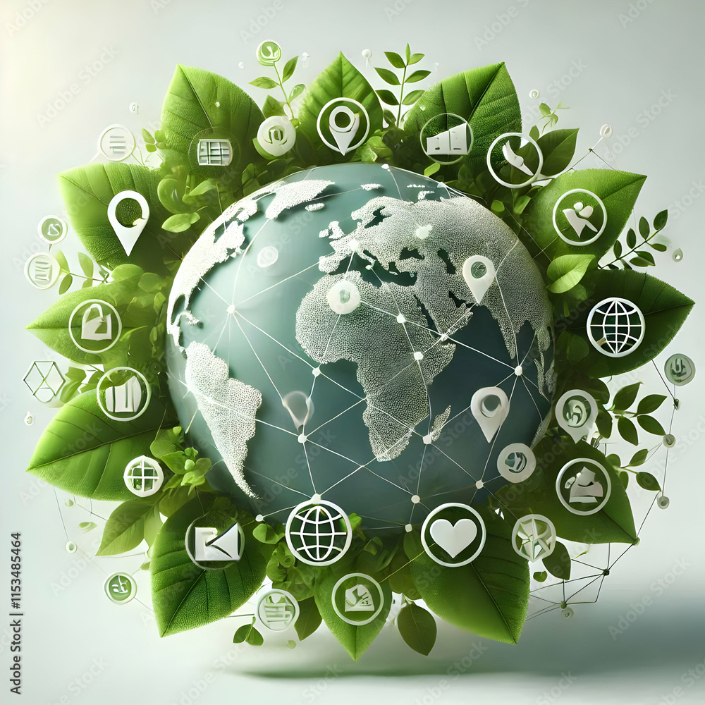 Poster 3d leaves world map business icons abstract art nature integration with ample text space