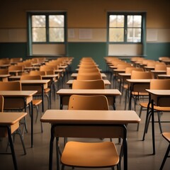 Empty classroom with rows of desks and chairs, suggesting a school or educational setting