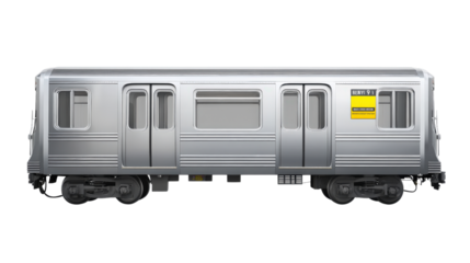 A silver train with yellow letters on the side