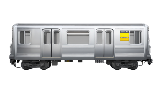 A silver train with yellow letters on the side - Powered by Adobe