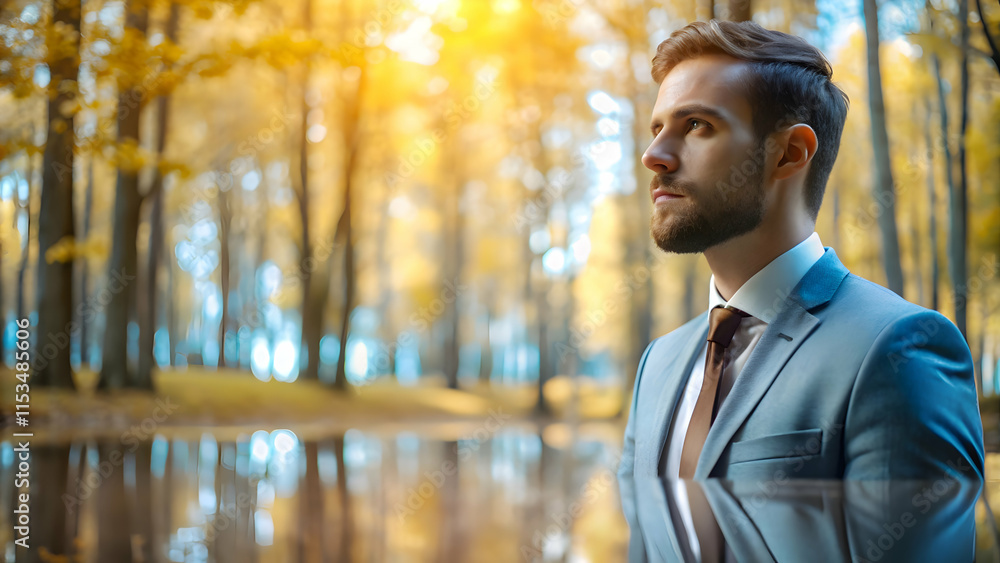 Poster landscape and trees and reflection concept as business leader reflecting in a tranquil forest settin