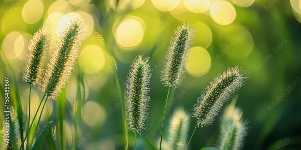 Poster close up view of grass showcasing beautiful bokeh effects, emphasizing local focus and intricate det
