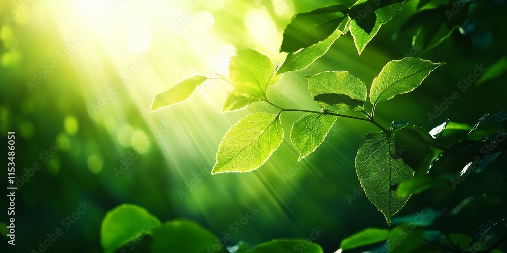 Poster a green background that is abstract in nature, enhanced by rays of sunlight filtering through it, cr