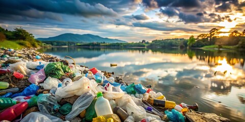 Lake Pollution: Plastic Waste and Environmental Degradation Stock Photo