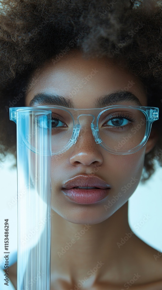 Aufkleber person with clear glasses holds a transparent ruler vertically in front of their face, blending into