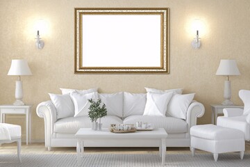 Elegant White Living Room with Empty Frame