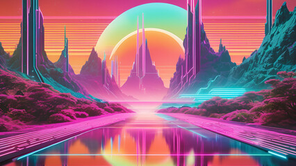 Old-School Sci-Fi Landscape: A futuristically designed environment drawn from the 1980s, highlighting a digital cyber surface