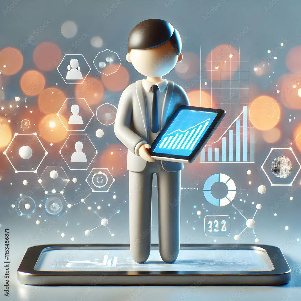 Poster 3d marketer showing holographic charts with bokeh background for data insights