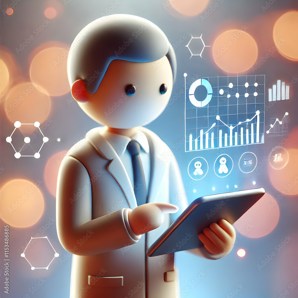Poster 3d marketer tablet holographic charts bokeh background data analysis digital marketing insights spac
