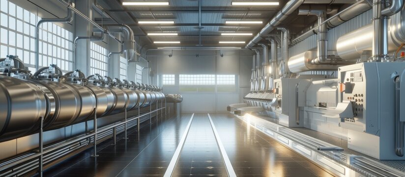 A clean, industrial space; cool grays and metallics dominate the color palette. The composition features parallel lines of machinery, creating a sense of depth and efficiency. 
