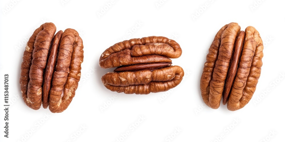 Poster pecan nuts are featured isolated on a white background, showcasing both shelled and unshelled pecan 