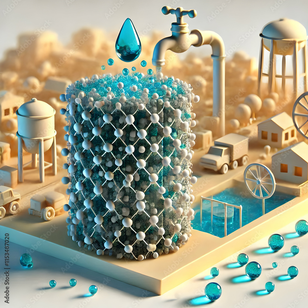 Poster 3d molecular water purification for community impact concept as macro shot of a molecular filter rem