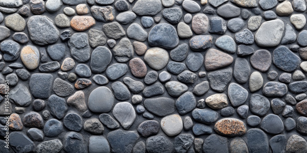 Poster textured wall adorned with pebbles, offering a panoramic view. this pebbled wall serves as a versati