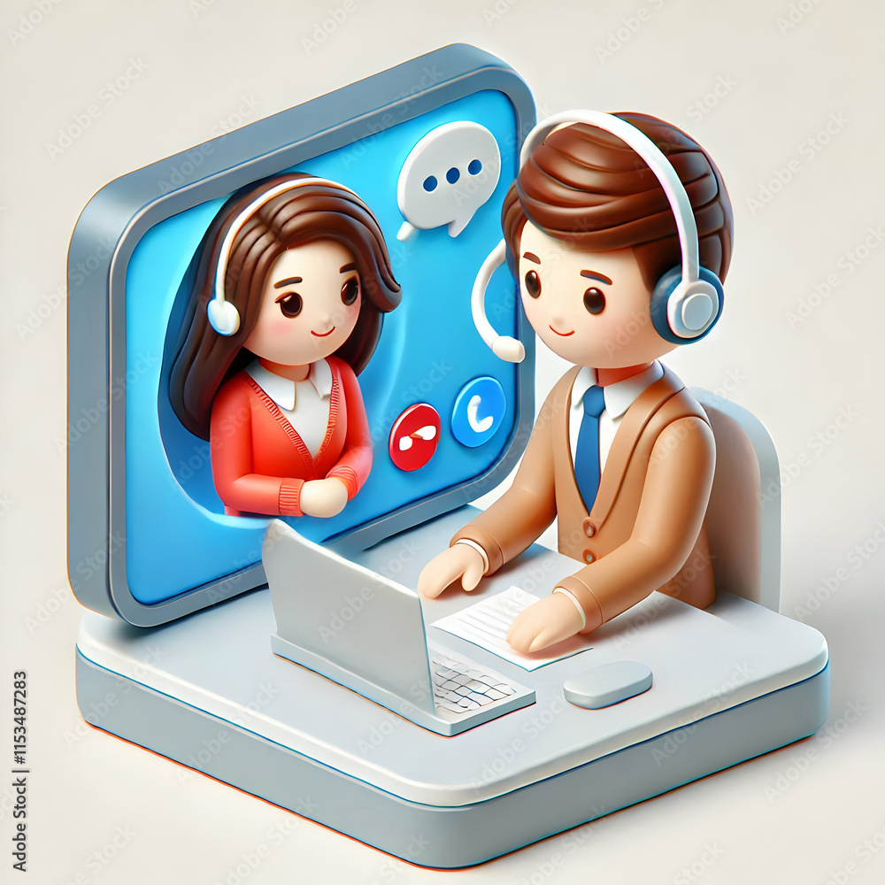 Poster 3d customer service rep assisting client video call icon with clear space for text