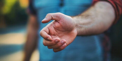 A white male is offering his hand for a handshake, signifying the act of greeting or establishing a connection through this gesture of goodwill.