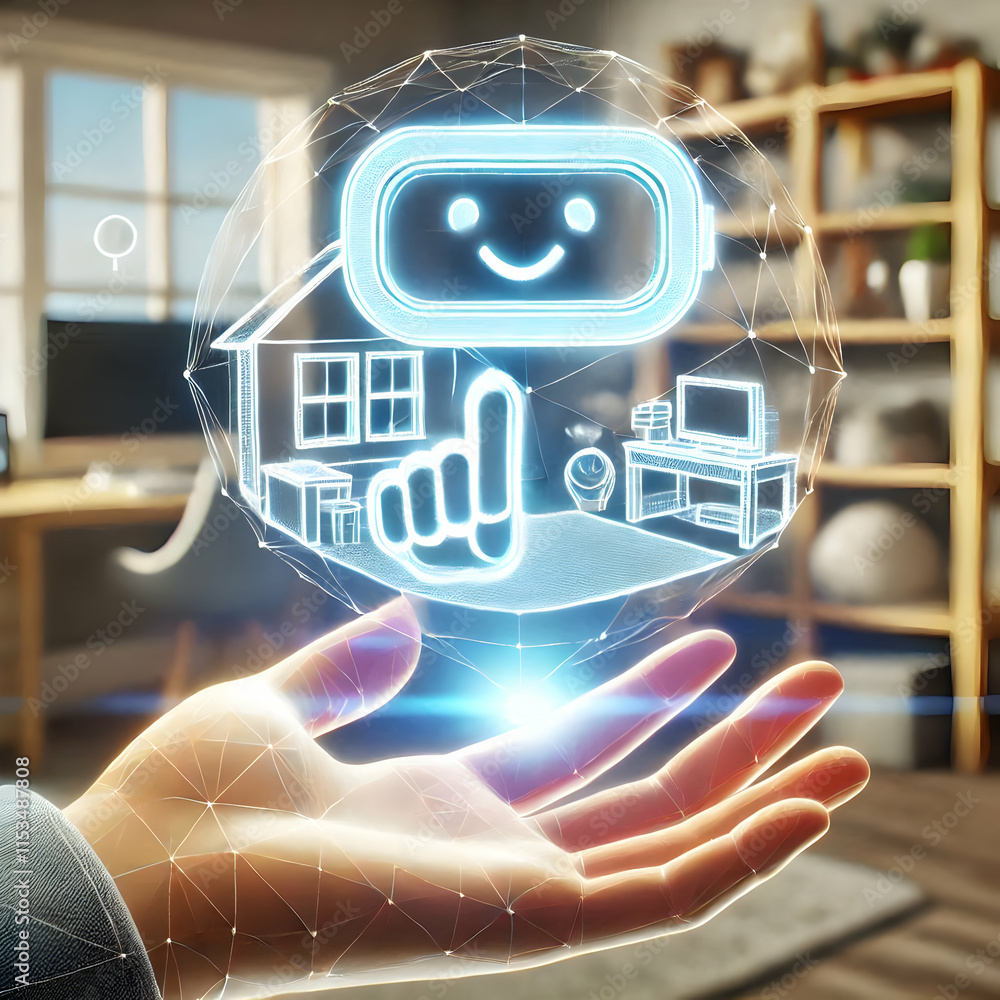 Poster 3d hand touching virtual reality hologram macro image in home office symbolizing innovation and happ