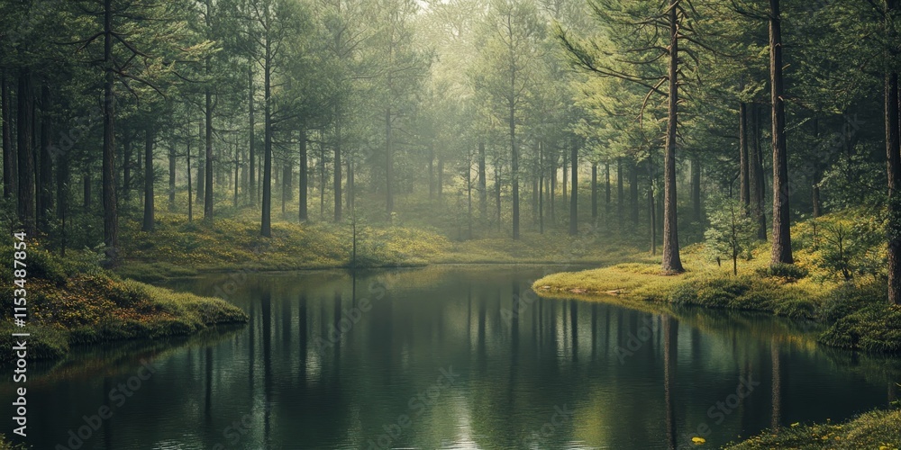Poster serene small lake embraced by a lush pine forest, creating a tranquil setting that highlights the be