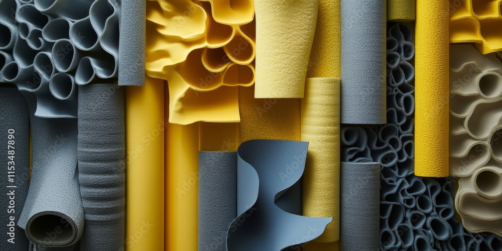 Aufkleber gray and yellow foam samples displayed in rolls create a visually striking composition, highlighting