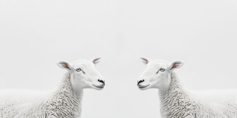 Two white sheep appear against a completely white background, creating a minimalist scene featuring the sheeps distinct white color and the plainness of their surroundings.
