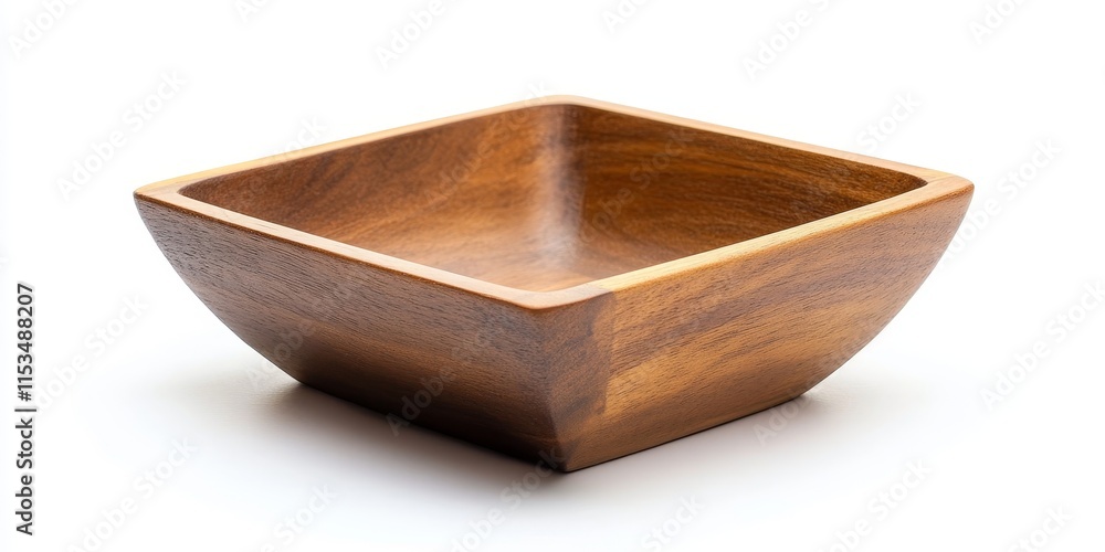 Poster isolated white background featuring an empty wooden square bowl, emphasizing the unique design and t