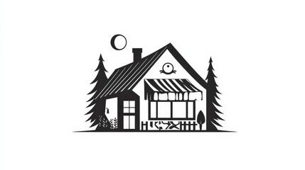 Fototapeta premium Charming Black and White Illustration of a Cozy Cabin with Trees