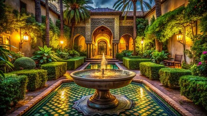 Obraz premium Long Exposure: Ornate Moroccan Fountain, Lush Garden, Night Photography